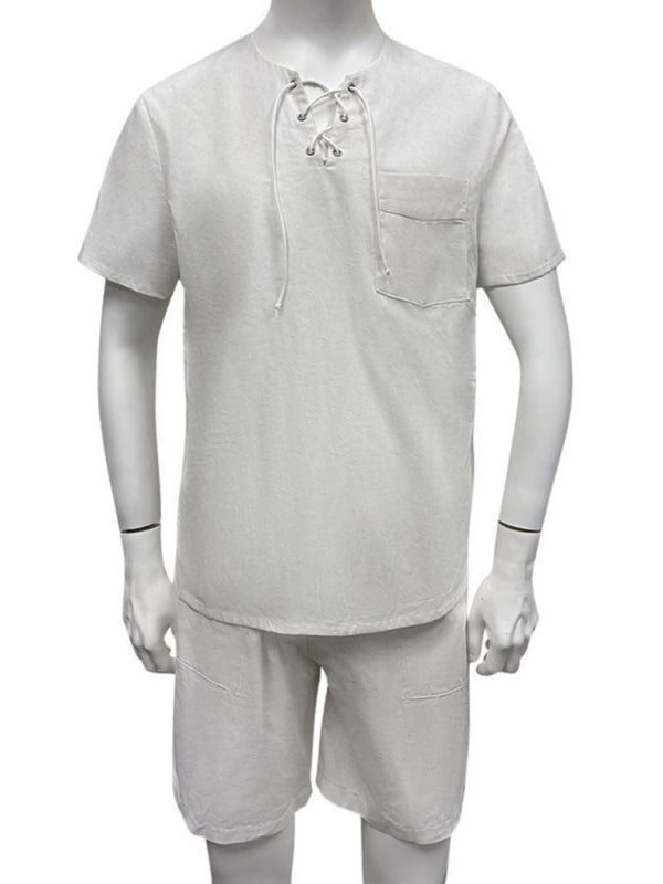 Nuevo traje casual de playa de algodón y lino con cordones en color liso para hombre 