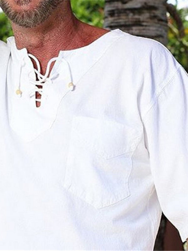 Nuevo traje casual de playa de algodón y lino con cordones en color liso para hombre 