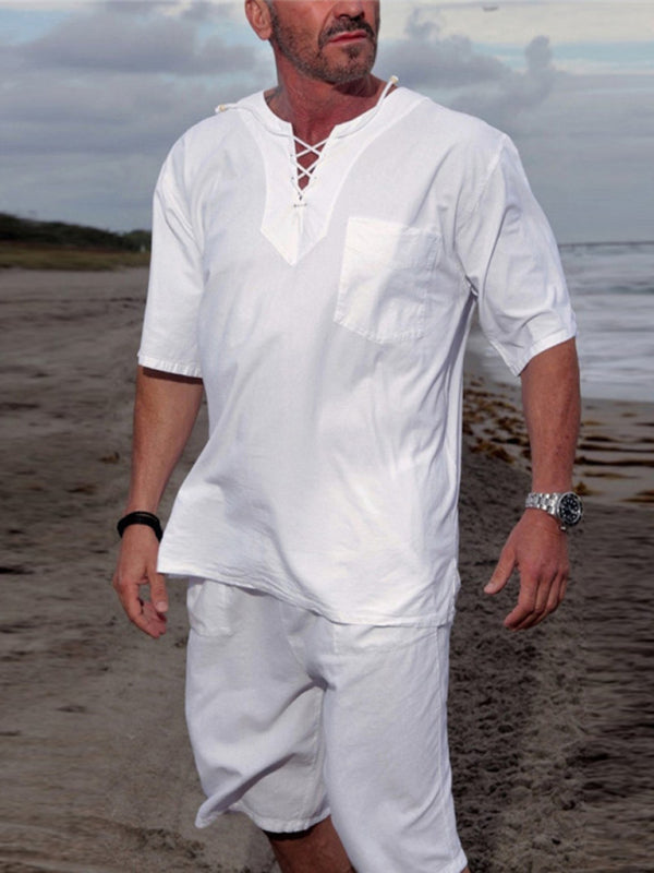 Nuevo traje casual de playa de algodón y lino con cordones en color liso para hombre 