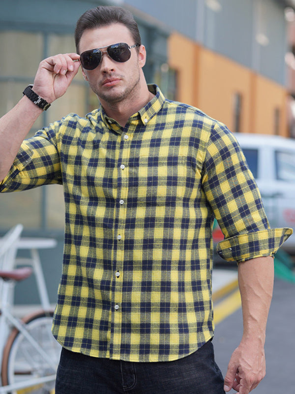 New Large Size Men's Brushed Long Sleeve Shirt Casual Plaid Long Sleeve Shirt