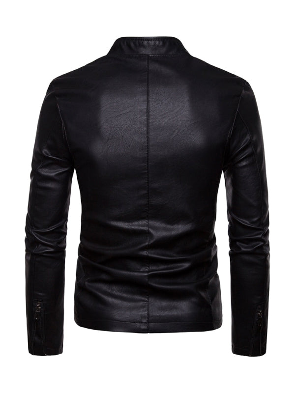 Chaqueta de cuero con cuello alto y cremallera para motocicleta para hombre 