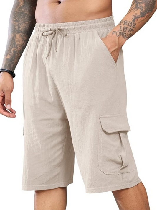 New Linen Shorts Multi-Pocket Drawstring Men's Beach Overalls