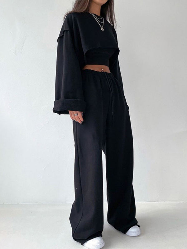 Conjunto de tres piezas formado por jersey de manga larga y pantalón ancho con tirantes y pierna recta, de moda 