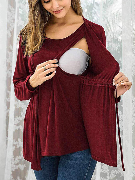 Long Sleeve Tie Breastfeeding Maternity Round Neck Top