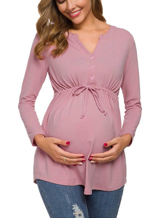 Maternity solid color drawstring button half cardigan long-sleeve T-shirt