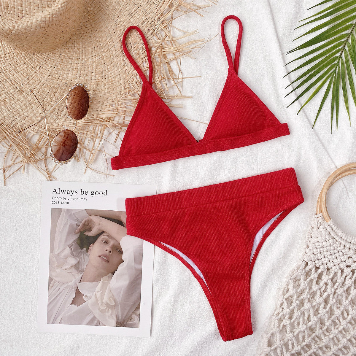 Conjunto de bikini acanalado con correa de espagueti