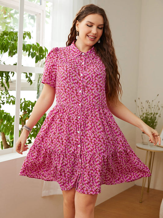 Plus Size Printed Short Sleeve Collared Dress