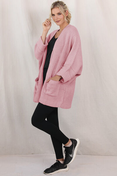 Waffle-Knit Long Sleeve Cardigan with Pocket