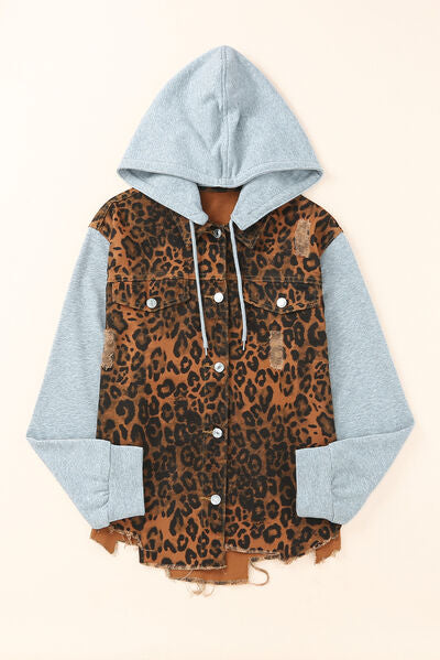 Leopard Distressed Drawstring Hooded Denim Jacket