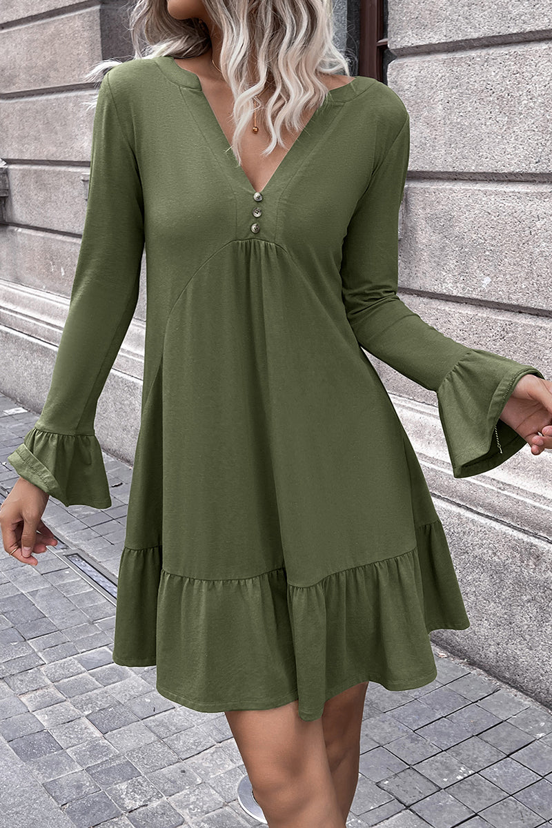 Minivestido con escote en V, mangas con volantes y dobladillo fruncido