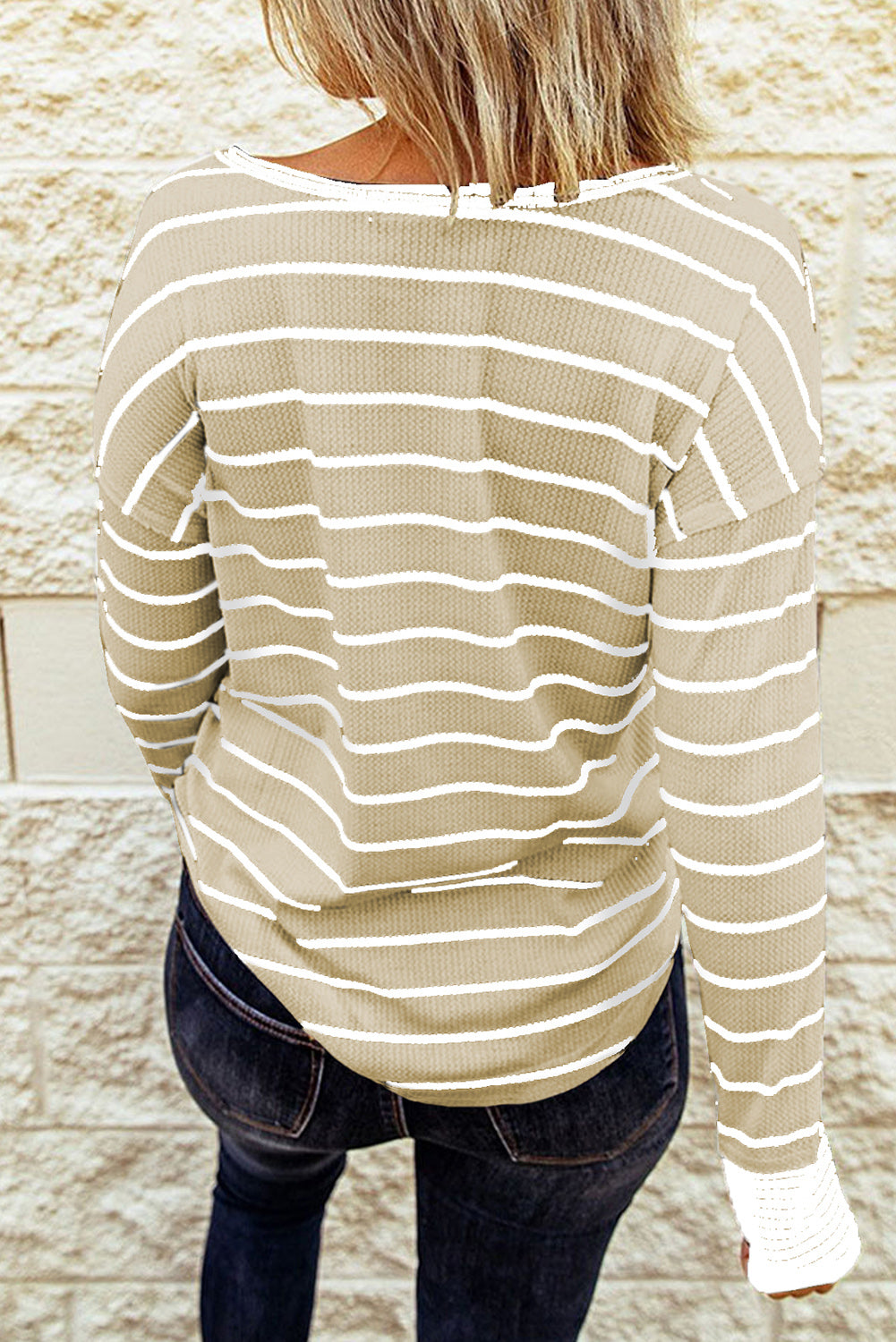 Striped Waffle Knit Henley Long Sleeve Top