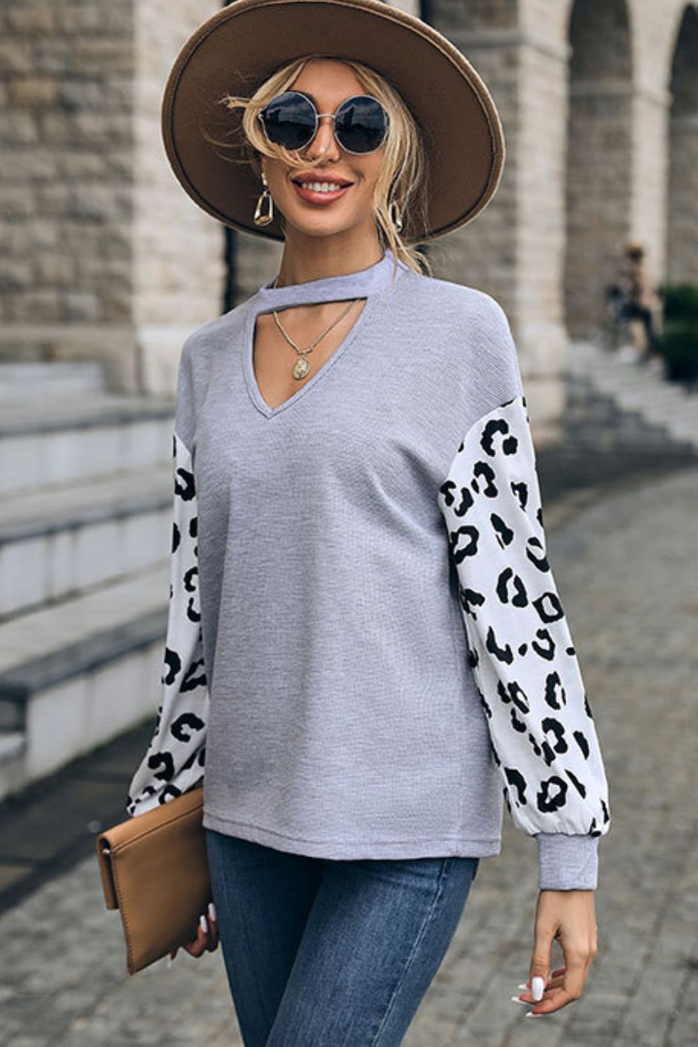 Leopard Print Cutout Long Sleeve Tee