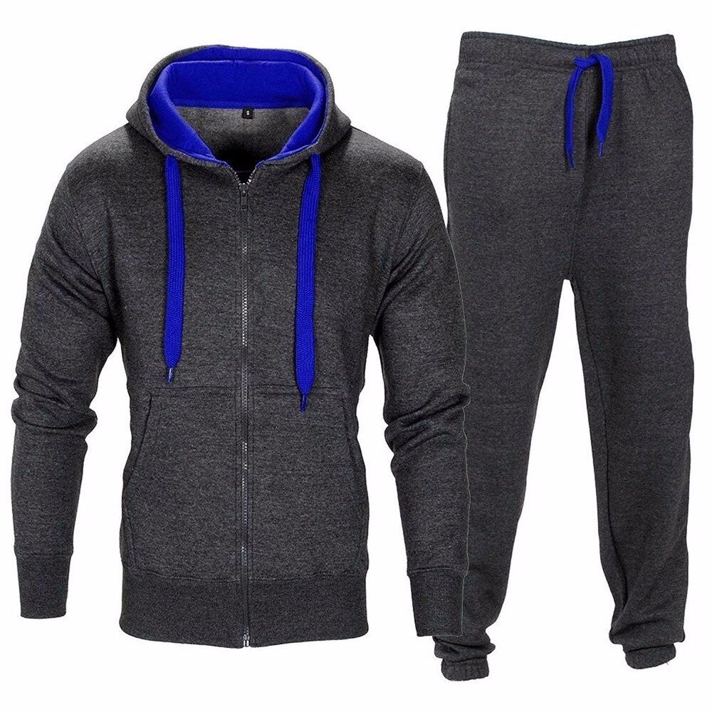 Casual Solid Chándal Cremallera Sudadera con capucha Chaqueta + Pantalones de chándal Chándal para hombre