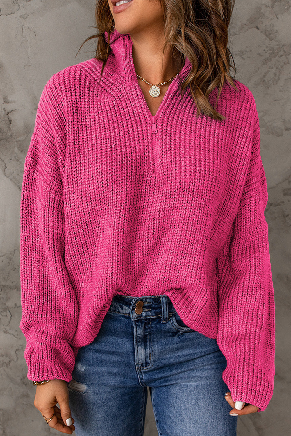 Half Zip Rib-Knit Dropped Shoulder Sweater