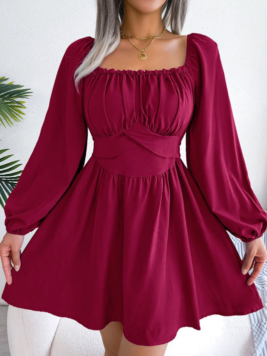 Vestido de manga globo con cuello cuadrado atado