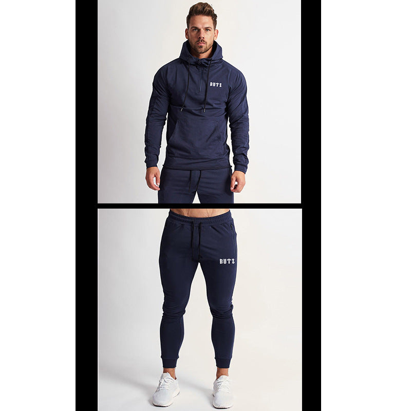 Europa y América Músculo Ocio Deportes Ropa de fitness Traje de hermano para hombre Otoño e invierno Pantalones de chándal con capucha Conjunto de algodón de dos piezas 