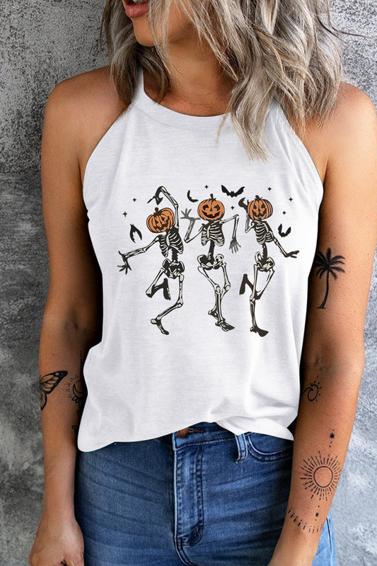 Round Neck Dancing Pumpkin Head Skeleton Graphic Tank