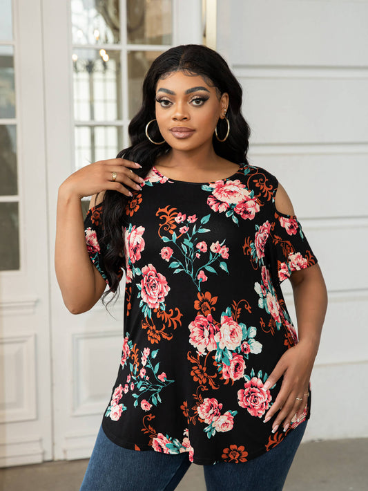 Plus Size Cold-Shoulder Round Neck Curved Hem Tee