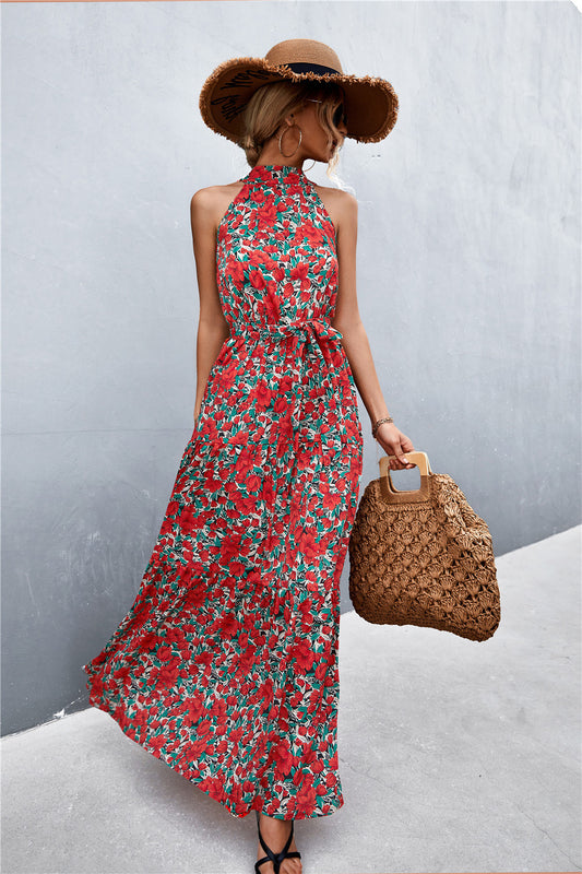 Vestido largo estampado sin mangas con lazo en la cintura