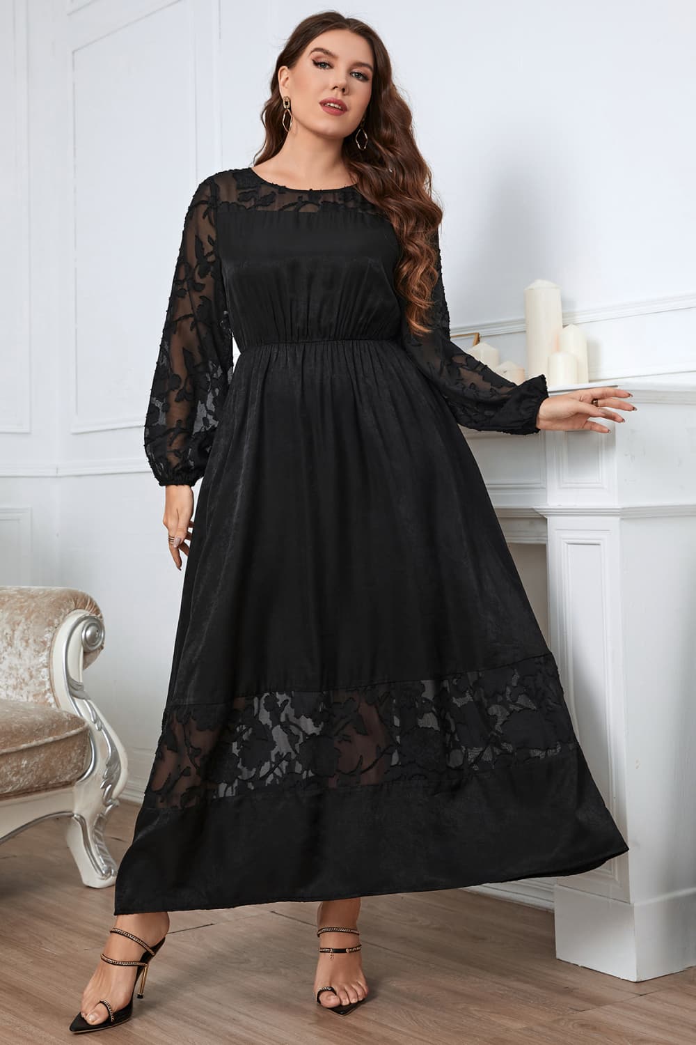 Vestido largo de manga larga con cuello redondo y bordado en talla grande de Melo Apparel