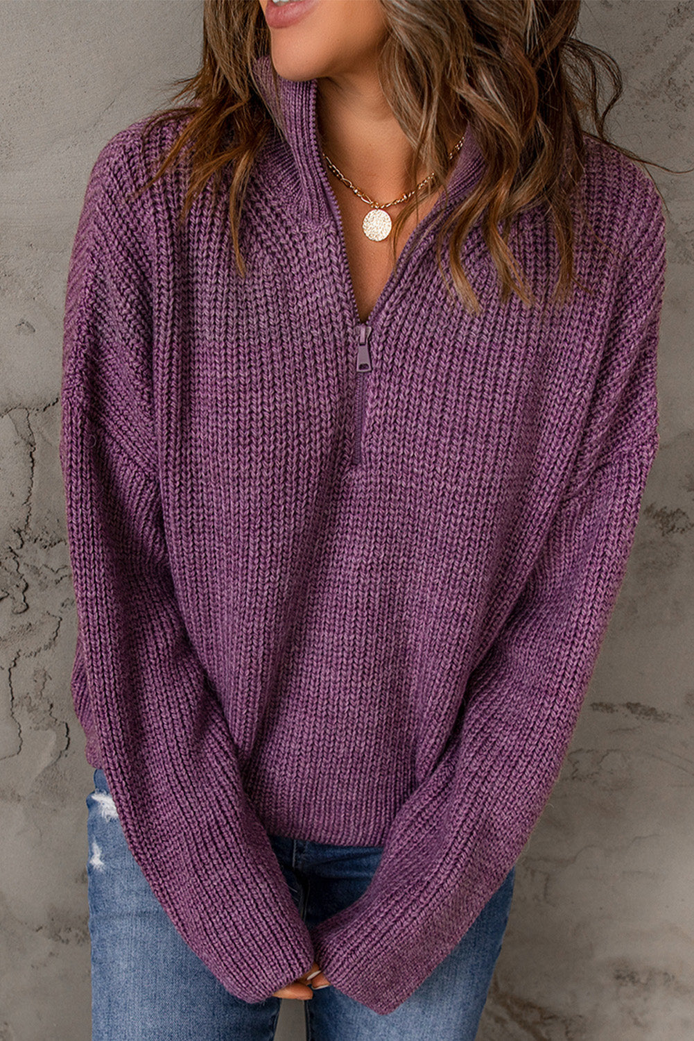 Half Zip Rib-Knit Dropped Shoulder Sweater