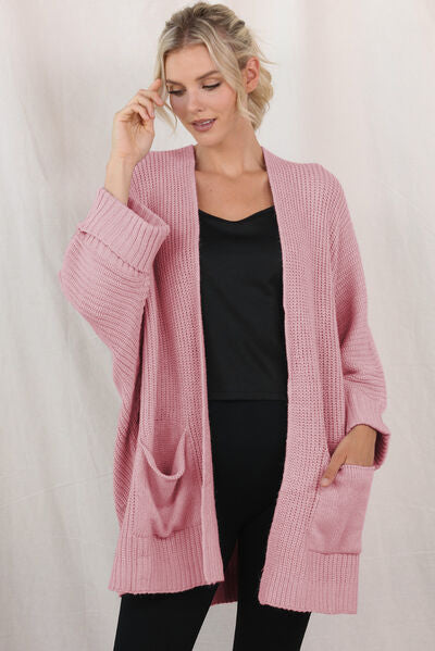 Waffle-Knit Long Sleeve Cardigan with Pocket