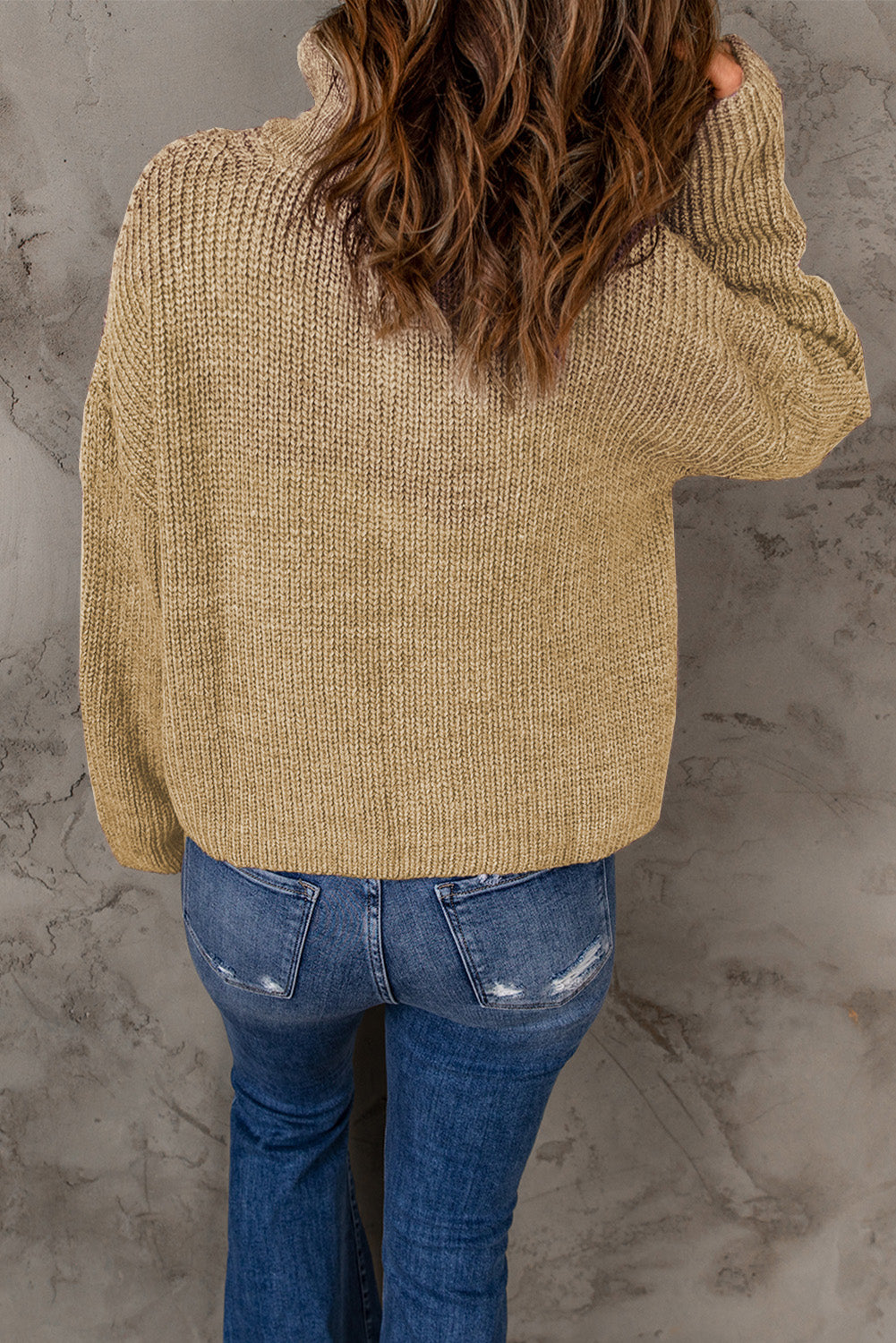 Half Zip Rib-Knit Dropped Shoulder Sweater