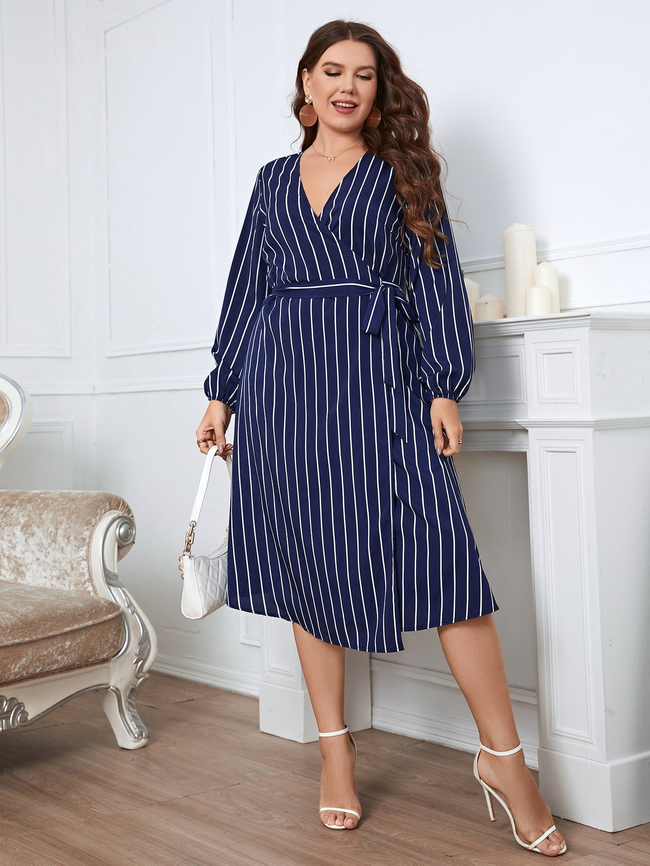 Melo Apparel Plus Size Striped Surplice Neck Long Sleeve Dress