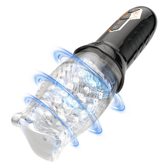 Copa de avión envuelta giratoria Glande masculino Ejercitador transparente vibrante 