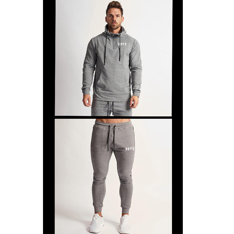 Europa y América Músculo Ocio Deportes Ropa de fitness Traje de hermano para hombre Otoño e invierno Pantalones de chándal con capucha Conjunto de algodón de dos piezas 