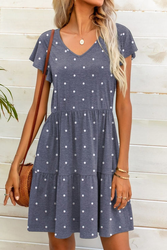Minivestido de lunares con cuello en V y manga ondulada