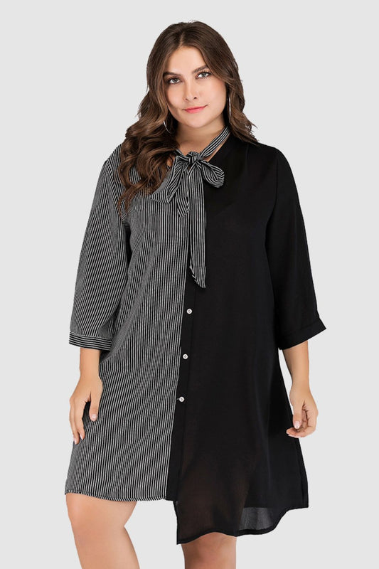 Vestido con cuello anudado a rayas de color block de talla grande