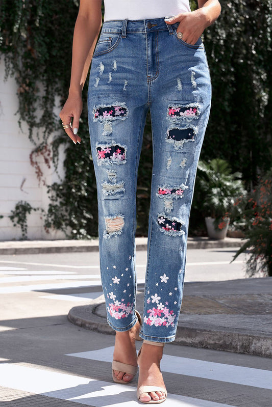 Printed Patch Distressed Boyfriend Jeans