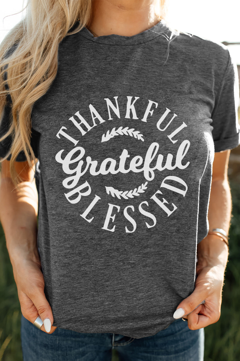 THANKFUL GRATEFUL BLESSED Graphic Crewneck Tee