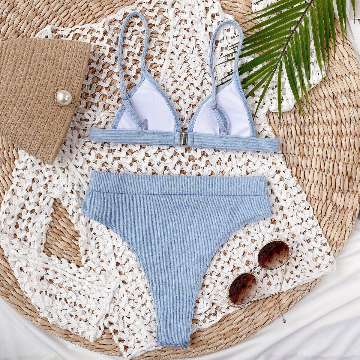 Conjunto de bikini acanalado con correa de espagueti