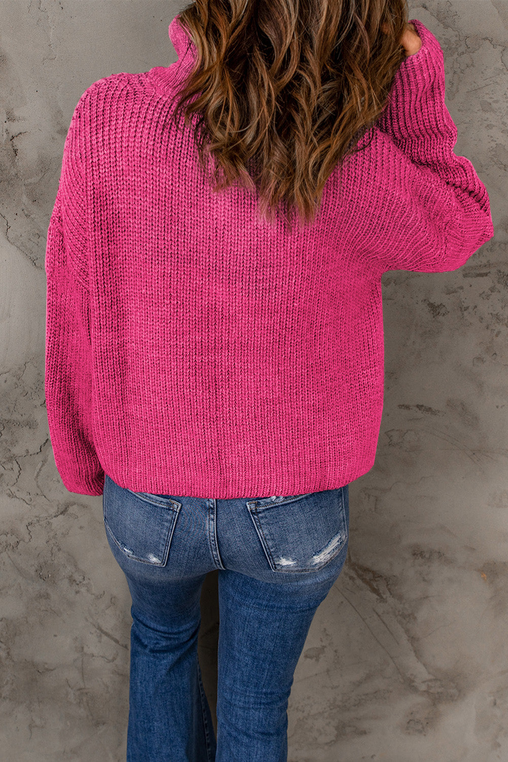 Half Zip Rib-Knit Dropped Shoulder Sweater