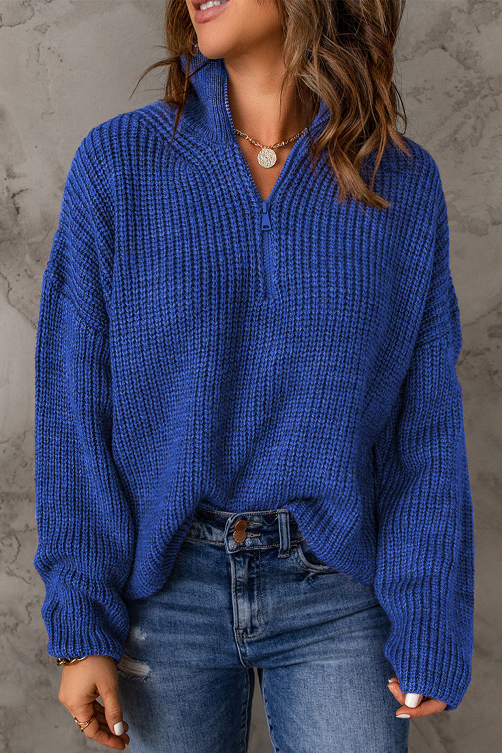 Half Zip Rib-Knit Dropped Shoulder Sweater