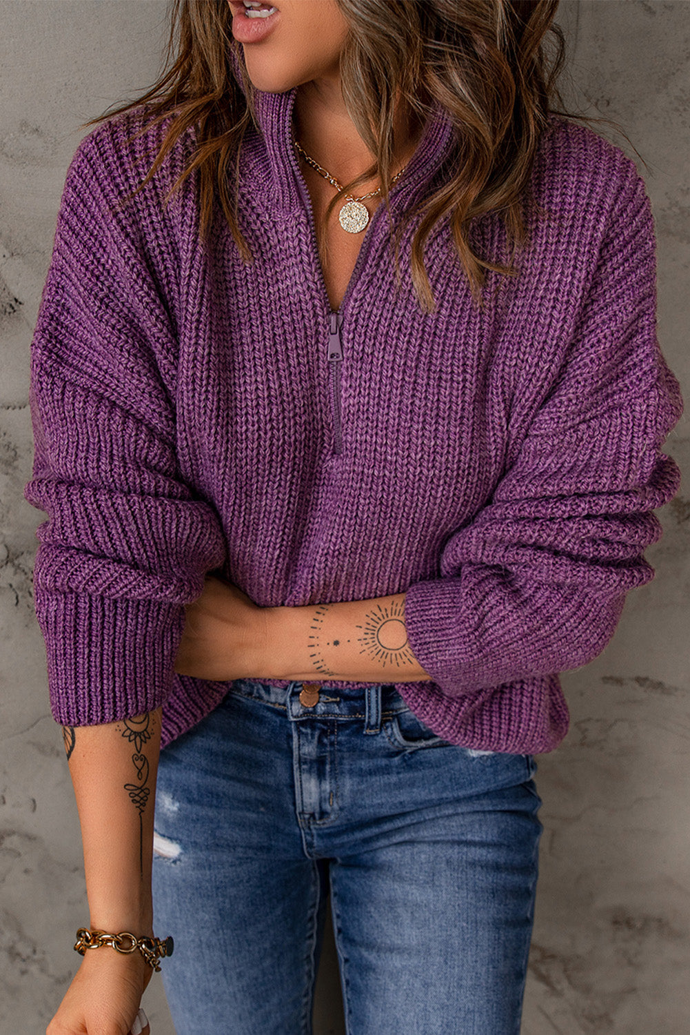 Half Zip Rib-Knit Dropped Shoulder Sweater